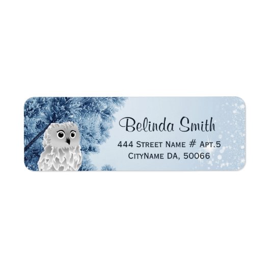 Cute Winter Owl White Blue Etiket (Voorkant)