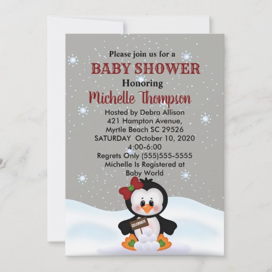 Cute Winter Penguin Baby shower/Birthday Invite Kaart (Voorkant)