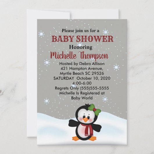 Cute Winter Penguin Baby shower/Birthday Invite Kaart (Voorkant)