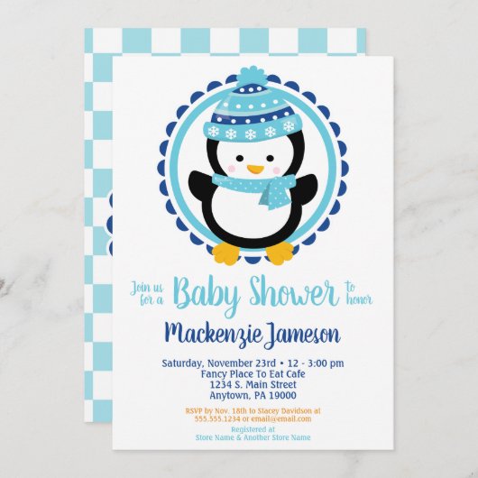 Cute Winter Penguin Baby shower Kaart (Voorkant / Achterkant)