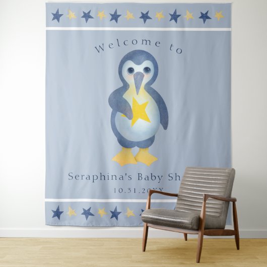 Cute Winter Penguin Baby shower Party Achtergrond Wandkleed (In situ)