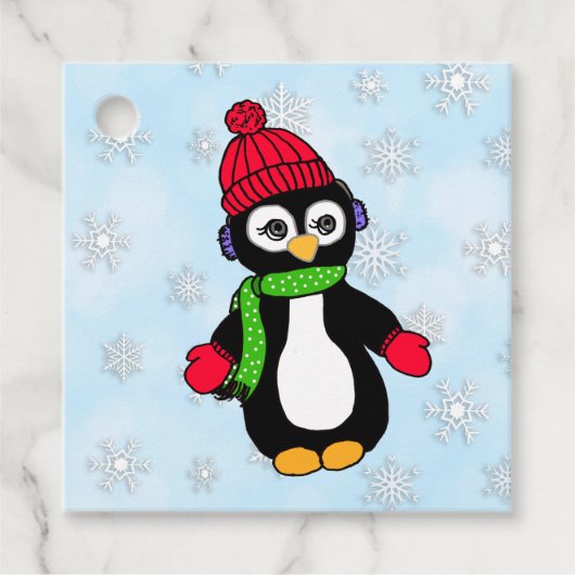 Cute Winter Penguin en Snowflakes Bedankjes Labels (Voorkant)