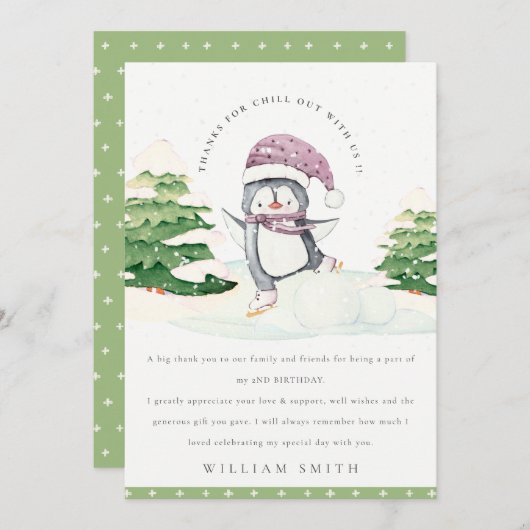 Cute Winter Penguin Green Kinderen Elke zondag Bedankkaart (Voorkant / Achterkant)