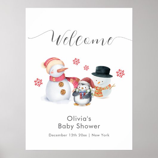 Cute Winter Penguin Snowman Baby Shower Welcome  Poster (Voorkant)