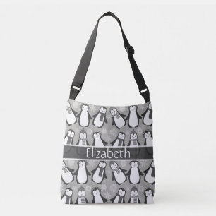 Cute Winter Penguins Design Voeg naam toe   Grijs Crossbody Tas