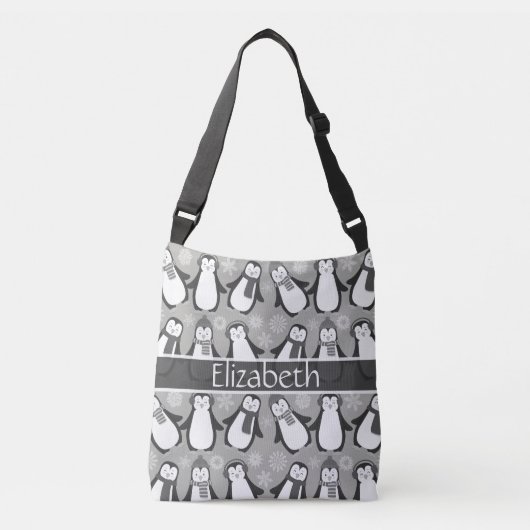 Cute Winter Penguins Design Voeg naam toe | Grijs Crossbody Tas (Voorkant)