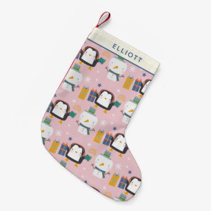 Cute Winter Penguins en Snowman Pink gepersonalise Kleine Kerstsok