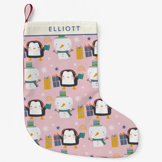Cute Winter Penguins en Snowman Pink op persoonlij Kleine Kerstsok (Voorkant)