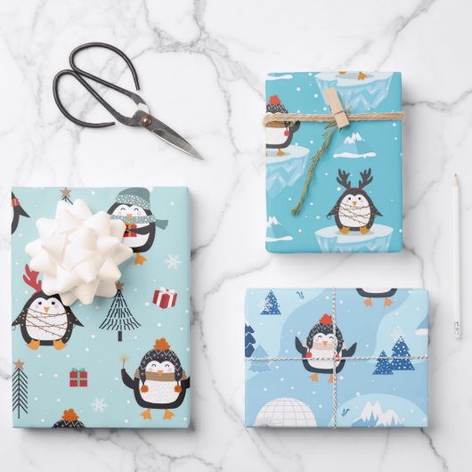 Cute Winter Penguins in Drie Patronen Inpakpapier Vel (Voorkant)