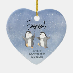 Cute Winter Penguins Monogrammed Engaged Keramisch Ornament