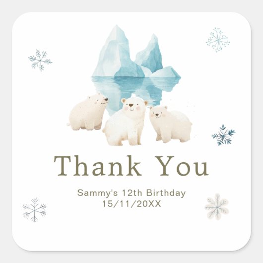 Cute Winter Polar Bears Birthday Party Vierkante Sticker (Voorkant)
