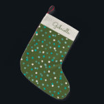 Cute Winter Polka Dots Spots Green gepersonaliseer Kleine Kerstsok<br><div class="desc">Speciaal gepersonaliseerde winterpokkenstippen in de groene en Blauwgroen kerststaart</div>