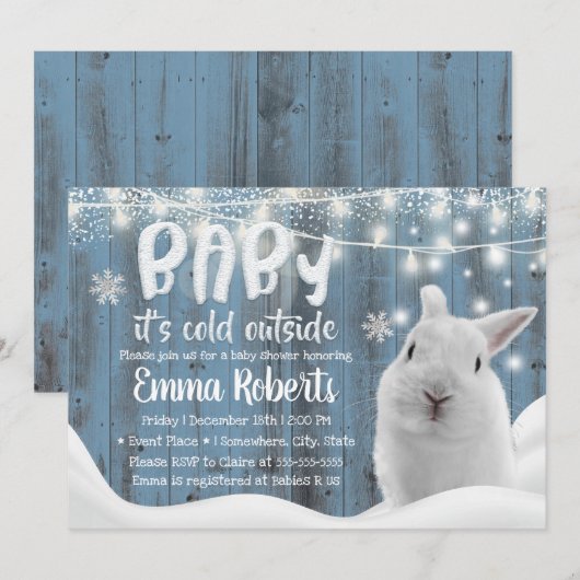 Cute Winter Rabbit Dusty Blue Barn Baby shower Kaart (Voorkant / Achterkant)