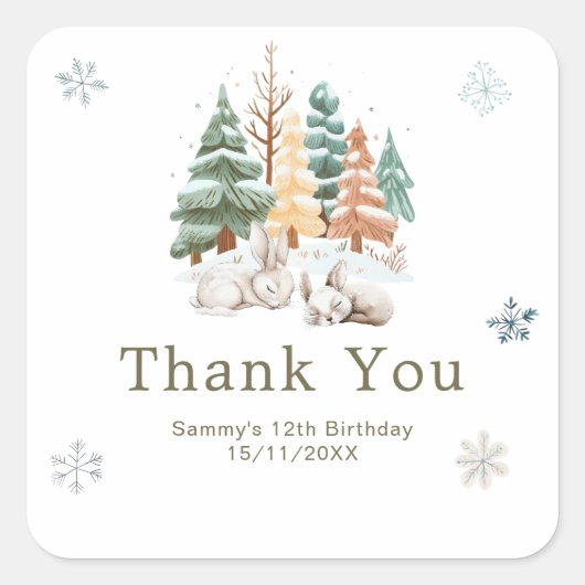 Cute Winter Rabbits Birthday Party Vierkante Sticker (Voorkant)