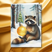Cute Winter Raccoon with Gold Ornament Christmas Feestdagen Kaart