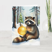 Cute Winter Raccoon with Gold Ornament Christmas Feestdagen Kaart (Voorkant)