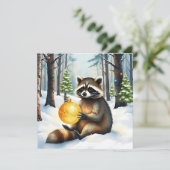 Cute Winter Raccoon with Gold Ornament Christmas Feestdagenkaart (Staand voorkant)