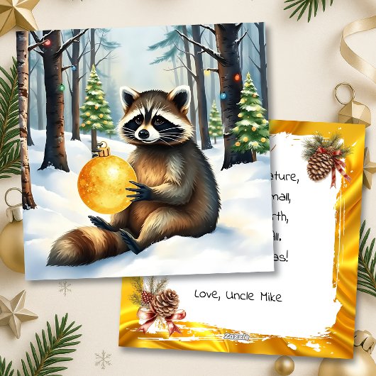 Cute Winter Raccoon with Gold Ornament Christmas Feestdagenkaart