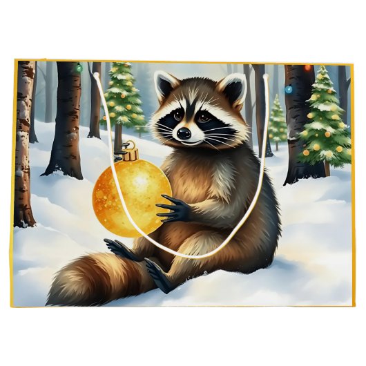 Cute Winter Raccoon with Gold Ornament Christmas Groot Cadeauzakje (Achterkant)
