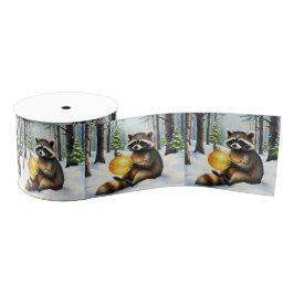 Cute Winter Raccoon with Gold Ornament Christmas Grosgrain Lint