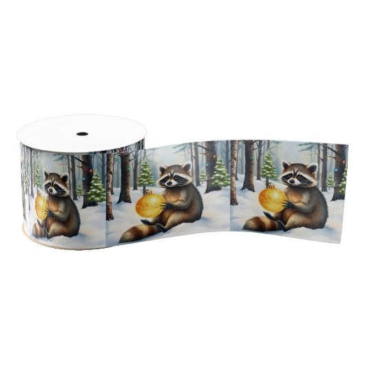 Cute Winter Raccoon with Gold Ornament Christmas Grosgrain Lint (Spoel)
