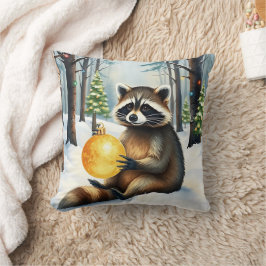 Cute Winter Raccoon with Gold Ornament Christmas Kussen