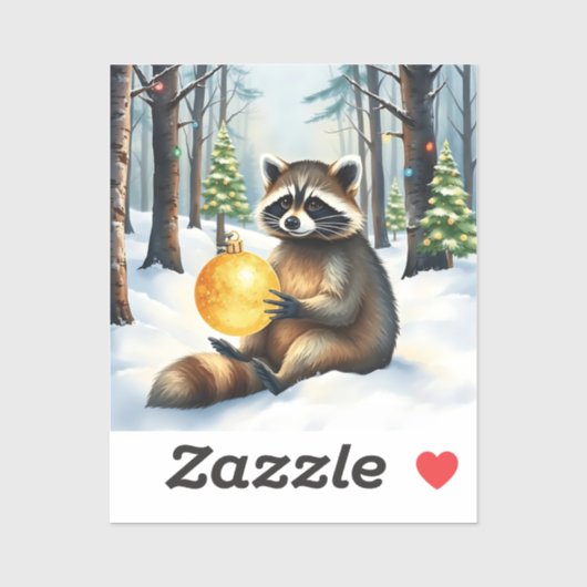 Cute Winter Raccoon with Gold Ornament Christmas Sticker (Vel)