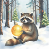 Cute Winter Raccoon with Gold Ornament Christmas Sticker (Voorkant)