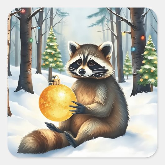 Cute Winter Raccoon with Gold Ornament Christmas Vierkante Sticker (Voorkant)