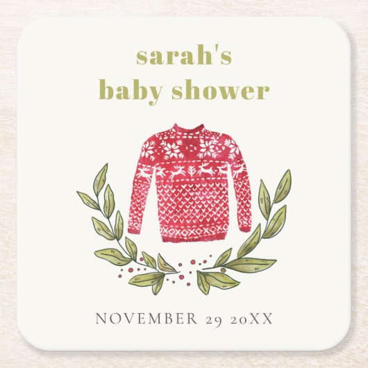 Cute Winter Red Green Ugly Sweater Baby shower Kartonnen Onderzetters (Voorkant)