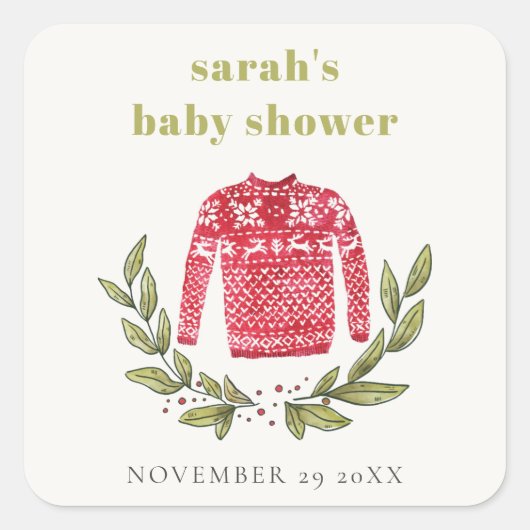 Cute Winter Red Green Ugly Sweater Baby shower Vierkante Sticker (Voorkant)