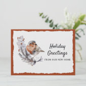 Cute Winter Robin Rust Gray Holiday Moving Aankondiging (Staand voorkant)