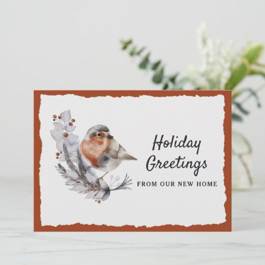 Cute Winter Robin Rust Gray Holiday Moving Aankondiging (Staand voorkant)