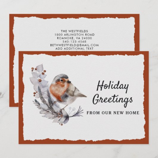 Cute Winter Robin Rust Gray Holiday Moving Aankondiging (Voorkant / Achterkant)