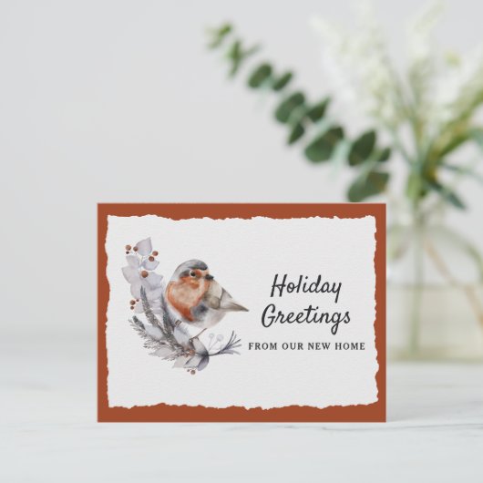 Cute Winter Robin Rust Gray Holiday Moving Announc Aankondigingskaart (Staand voorkant)
