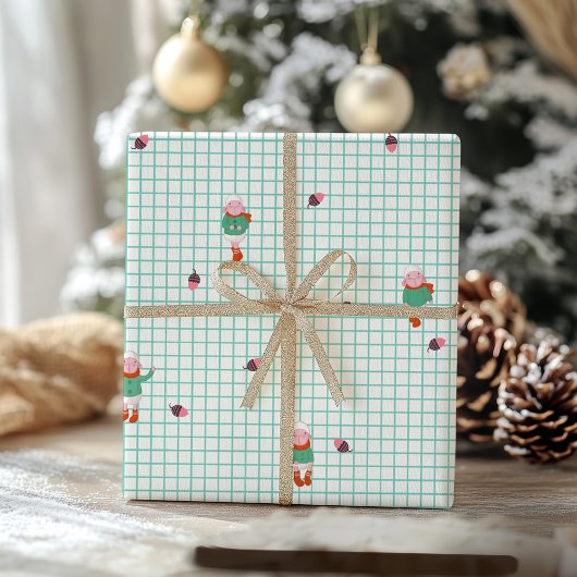 Cute Winter Sheep & Acorns on Mint Grid- Christmas Cadeaupapier