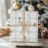 Cute Winter Sheep & Pinecones on Mint-Coral Plaid Cadeaupapier