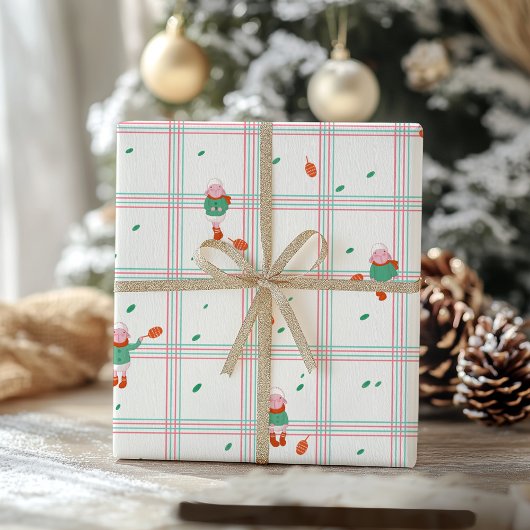 Cute Winter Sheep & Pinecones on Mint-Coral Plaid Cadeaupapier