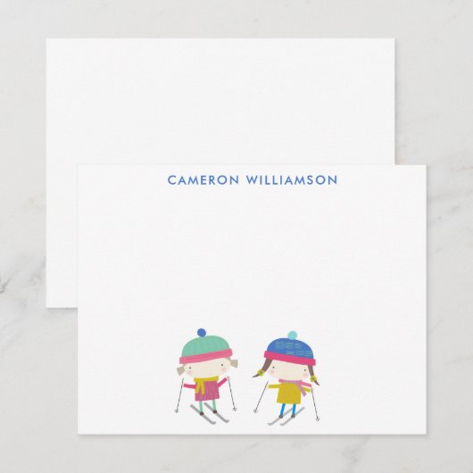 Cute Winter Skiing Kinder Gepersonaliseerd Station Notitiekaartje (Voorkant / Achterkant)