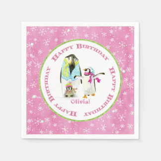 Cute Winter Snow Penguins Birthday Party Girl Pink Servetten