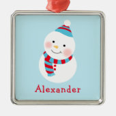 Cute Winter Snowman Blue Custom Voornaam Metalen Ornament (Voorkant)