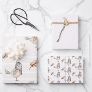 Cute Winter Sparrow Waterverf Illustratie Inpakpapier Vel