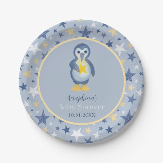 Cute Winter Star Penguin Baby shower Papieren Bordje (Voorkant)
