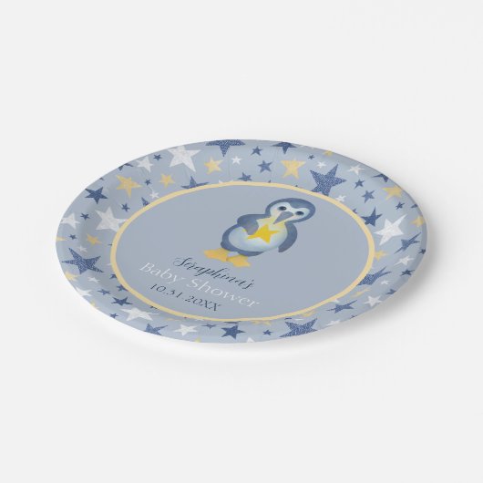 Cute Winter Star Penguin Baby shower Papieren Bordje (Gekanteld)