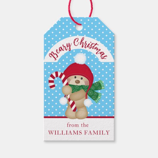 Cute Winter Teddy Bear Candy Cane kerst Cadeaulabel (Voorkant)