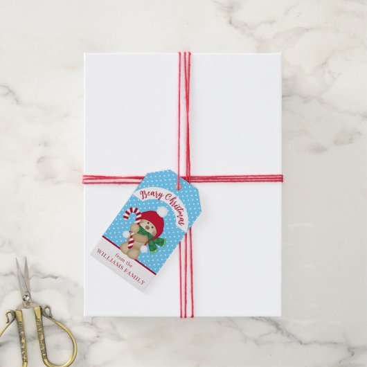 Cute Winter Teddy Bear Candy Cane kerst Cadeaulabel (Met Touw)