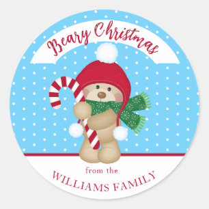 Cute Winter Teddy Bear Candy Cane kerst Ronde Sticker
