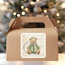 Cute Winter Teddy Bear in Green Coat Vintage Vierkante Sticker