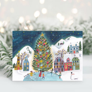 Cute Winterhuis Dorpsscène Kerstmis Feestdagen Kaart
