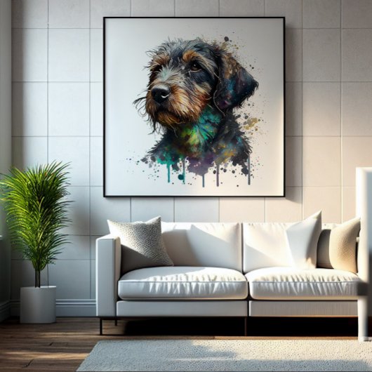 Cute Wirehaered Dachshund Puppy Waterverf Art Foto Afdruk